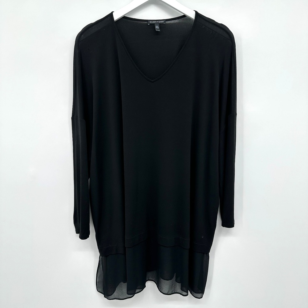Eileen Fisher Tunic Top Shirt Size XL 100% Silk Black 3/4 Sleeve Minimalist FLAW